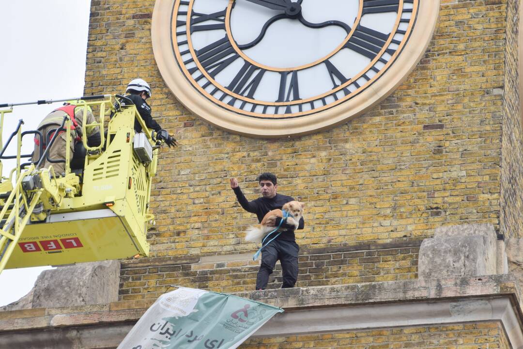 Į Londono traukinių stoties laikrodžio bokštą įsikorė protestuotojas su šuniu glėbyje