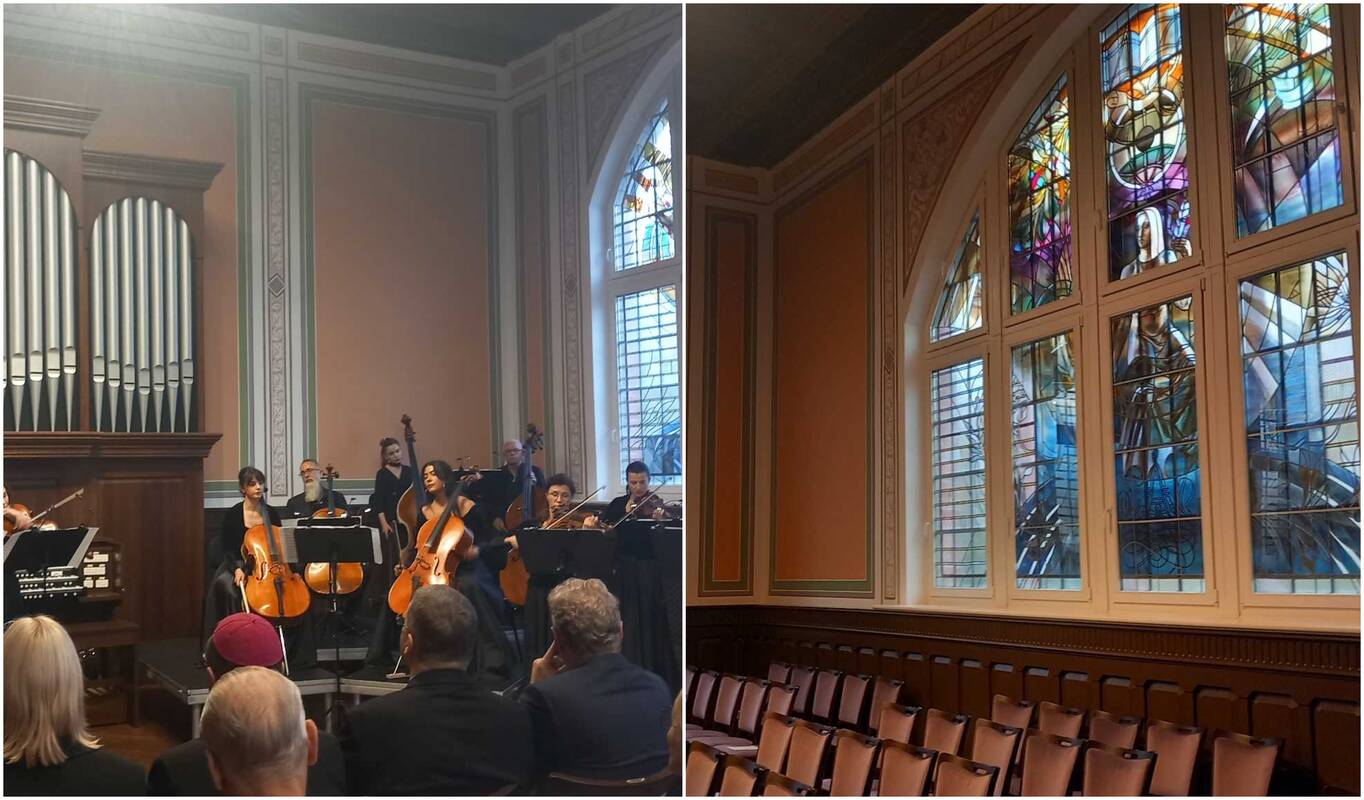 Muzikavo: įspūdingą koncertą atidarymo šventėje dovanojo Klaipėdos kamerinis orkestras. Salę puošia išties įspūdingi vitražai.