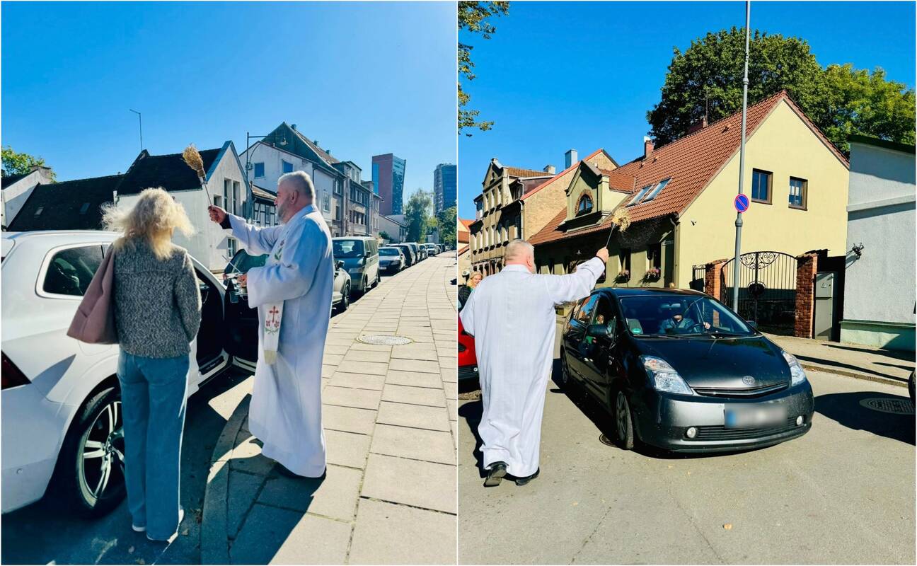 Veiksmas: automobilius pašventino Kristaus Karaliaus parapijos vikaras P. Bartasūnas.