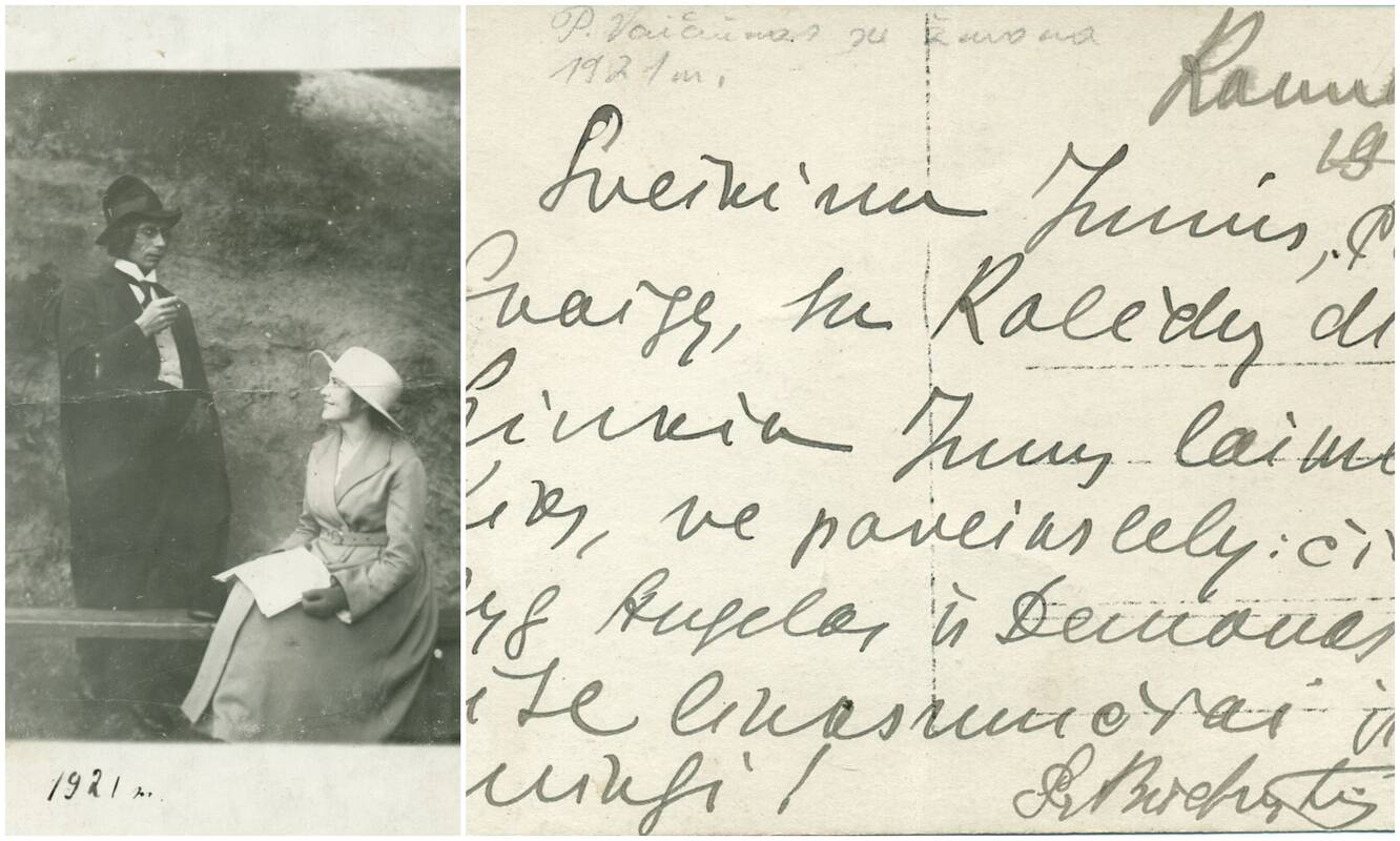 Atvirlaiškis. Nuotrauka „Petras Vaičiūnas su žmona Teofilija Vytauto kalne“. 1921 m.