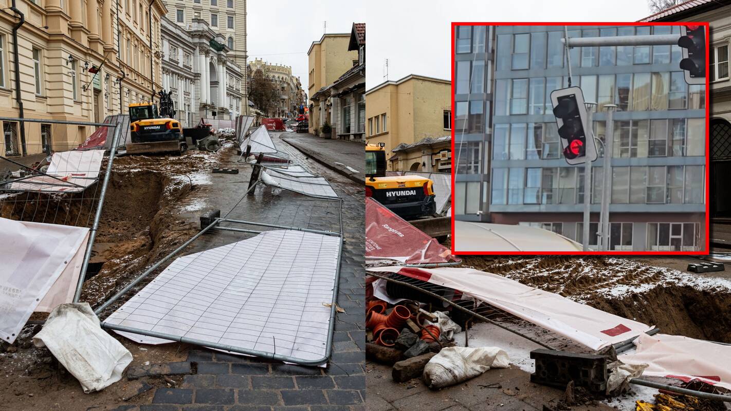 Stiprus vėjas sukėlė chaosą: ant gatvių ir automobilių virto medžiai, neatlaikė net mūrinė siena