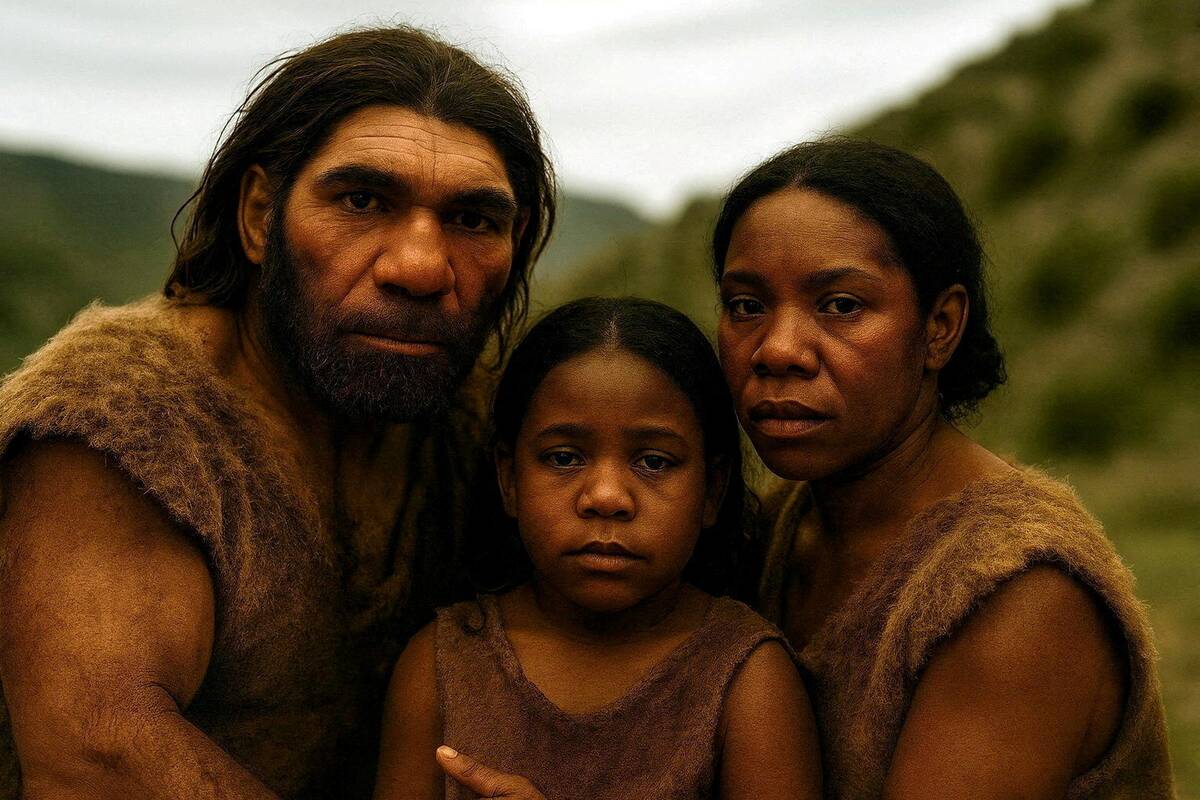 Rekonstrukcija: Tel Avivo universitete dirbtinio intelekto pagalba atkurtas mišrios neandertaliečių ir Homo sapiens šeimos vaizdas.