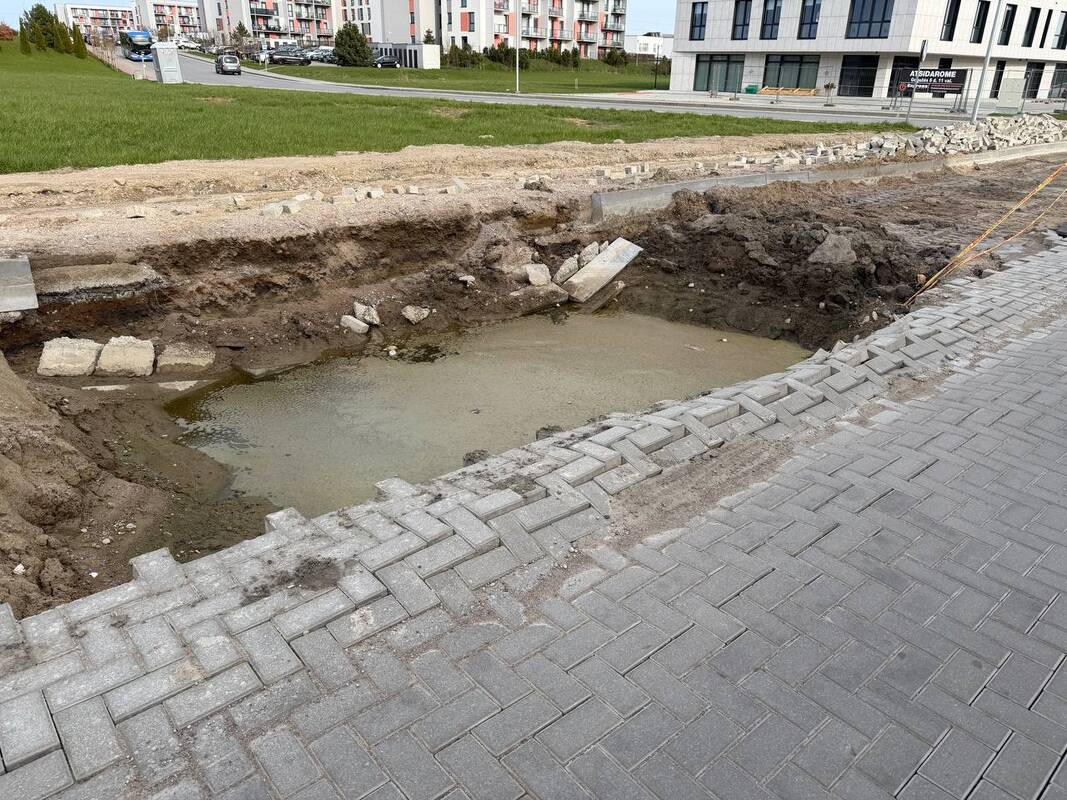 Pavojai: atsivėrusi duobė virto gilia bala, o trinkelėmis klotoje gatvėje susidarė įgriūva, pamažu irsta ir šaligatvis.