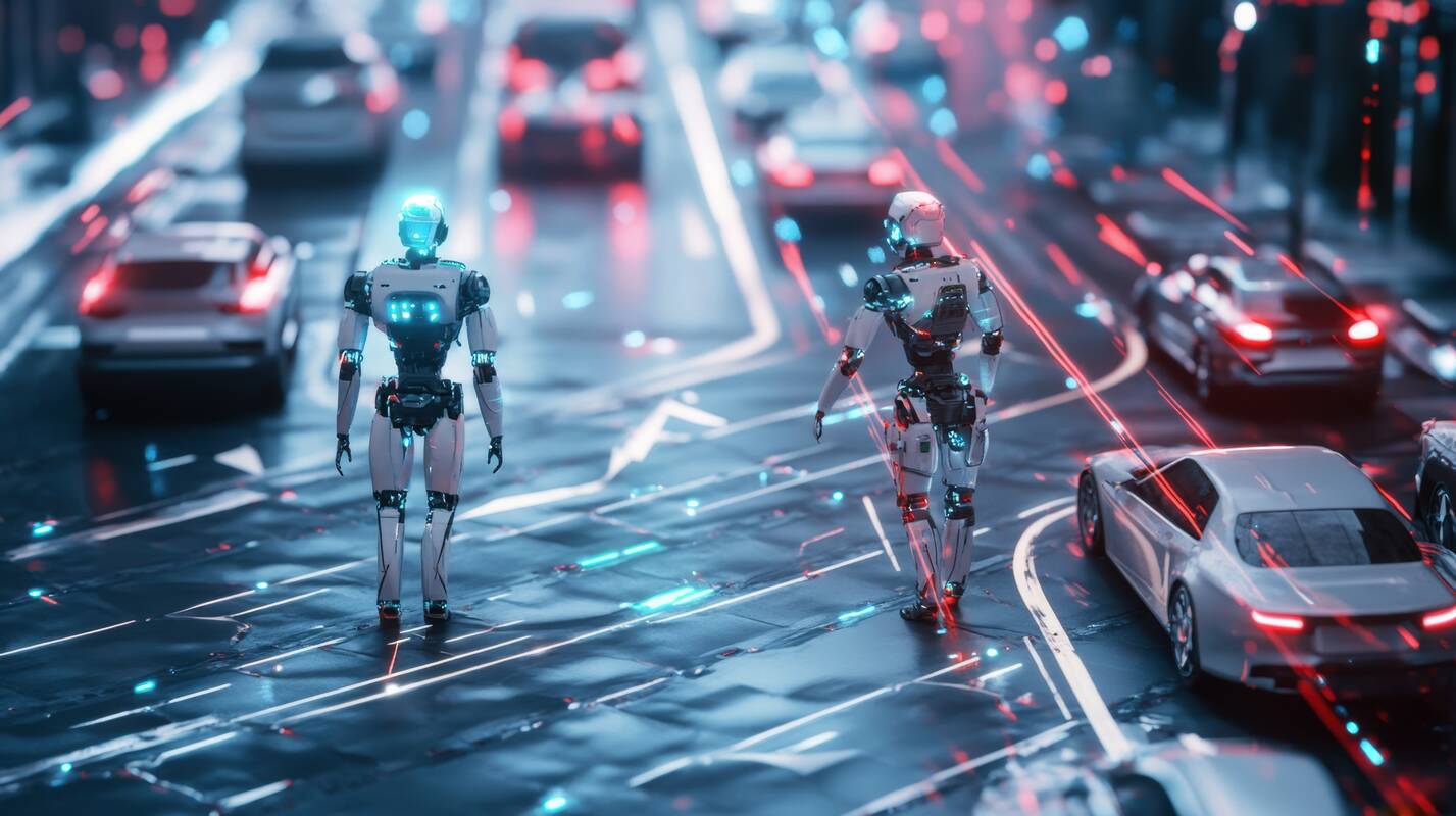 
<span>Kinijoje robotai padeda policijai reguliuoti eismą</span>

