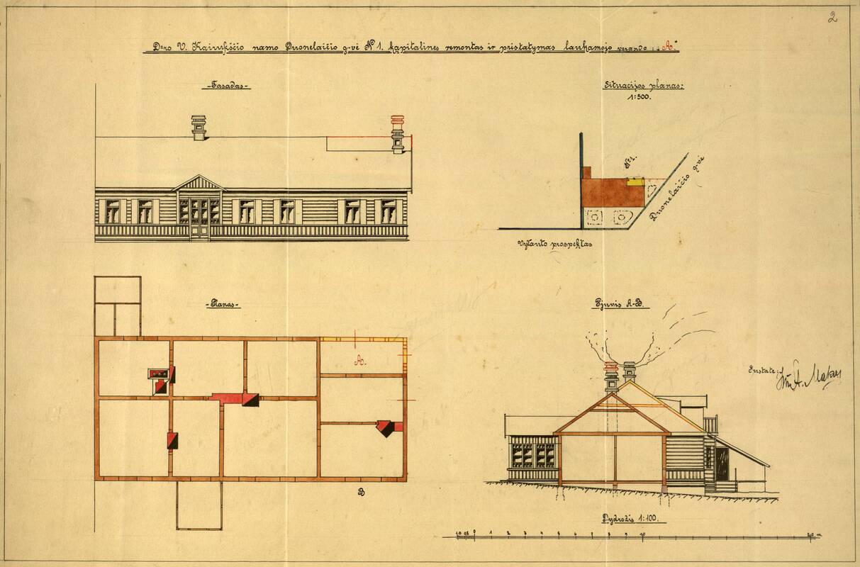 V. Kairiūkščio namo K. Donelaičio g-vė Nr. 1 kapitalinio remonto ir pristatymo priimamojo verandos planas. Inž. St. Makas. 1926.
