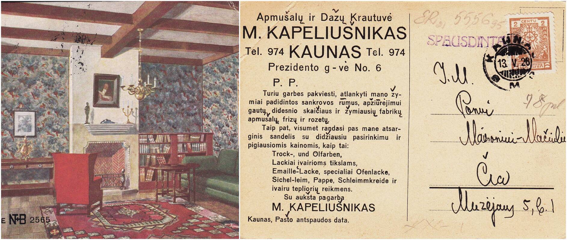 Apmušalų ir dažų krautuvės reklaminis spaudinys-kvietimas. Laiškas Maironiui. 1926 m. 