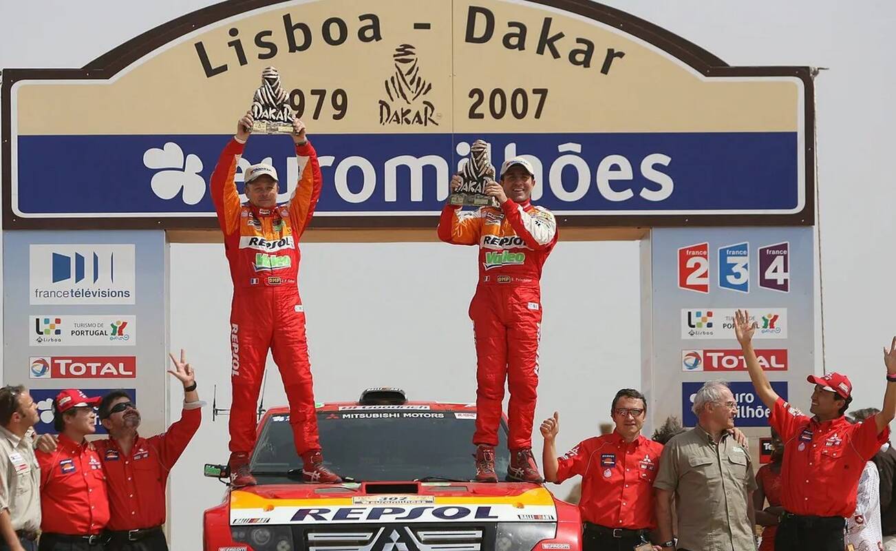 Istorija: pastarąjį kartą lenktynės Europoje (Lisabonoje) startavo 2007-aisiais, o pergalę visureigių grupėje šventė prancūzai S. Peterhanselis (dešinėje) ir J.-P. Cottret.