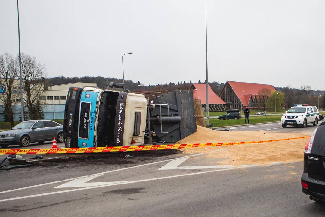 Apvirtęs sunkvežimis išbėrė 24 tonas grūdų