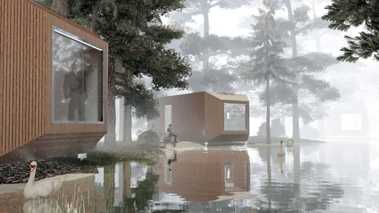 Atskirta: nedidelio namo projektas „Peghouse“ visą plotą padalija į dvi funkcines erdves, kurias jungia stiklinis koridorius.