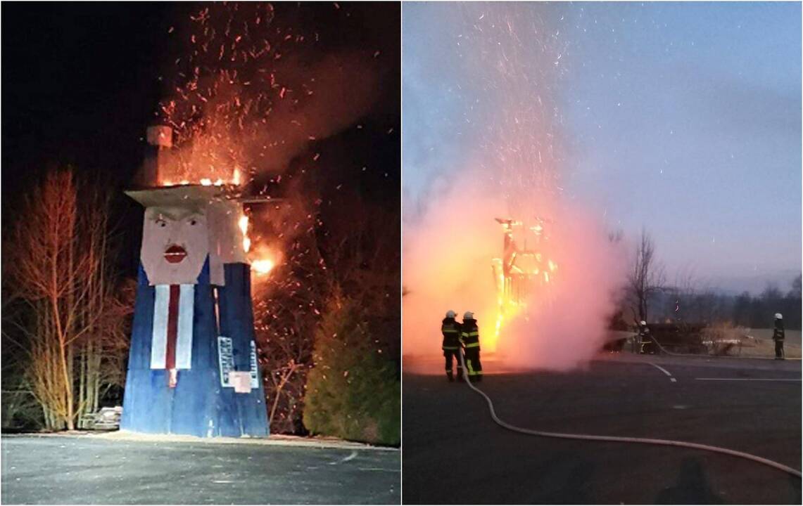 Slovėnijoje supleškinta D. Trumpą pašiepianti medinė skulptūra