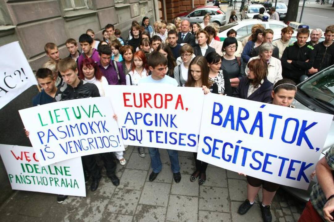 Per šimtą žmonių susirinko į lenkų organizacijų mitingą prie Vengrijos ambasados