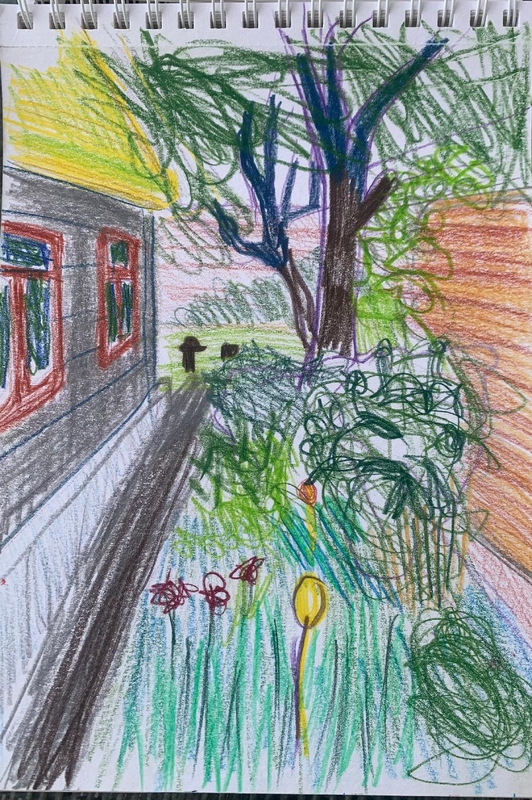 Pravažiuojantis traukinys. 2017 m., popierius, pieštukai