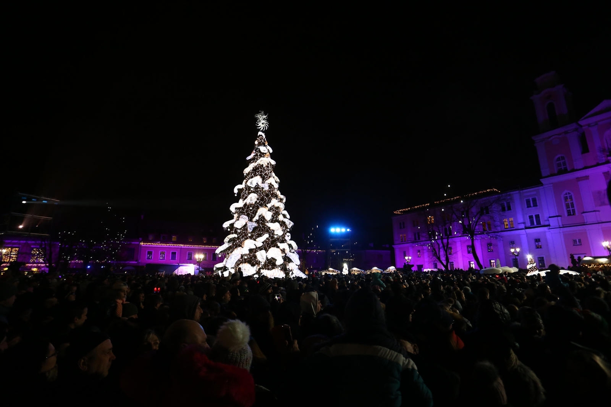Rotušės aikštėje įžiebta įspūdinga Kalėdų eglė