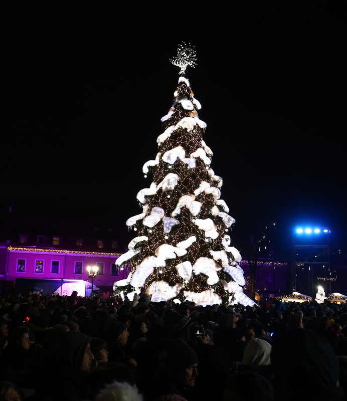 Rotušės aikštėje įžiebta įspūdinga Kalėdų eglė