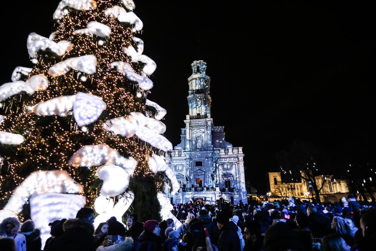 Rotušės aikštėje įžiebta įspūdinga Kalėdų eglė