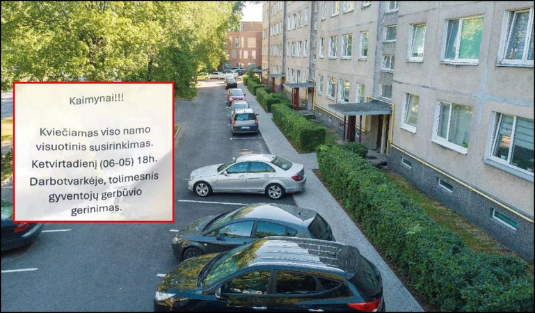 Užkliuvo: viename Kauno daugiabučių pakabintas, kaip įtariama,  M. Stankaičio skelbimas „kaimynams“.