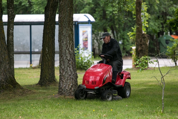 Pavojus: iš po žoliapjovės atlėkęs akmenukas gali suskaldyti stiklą ar įdaužti kėbulą.