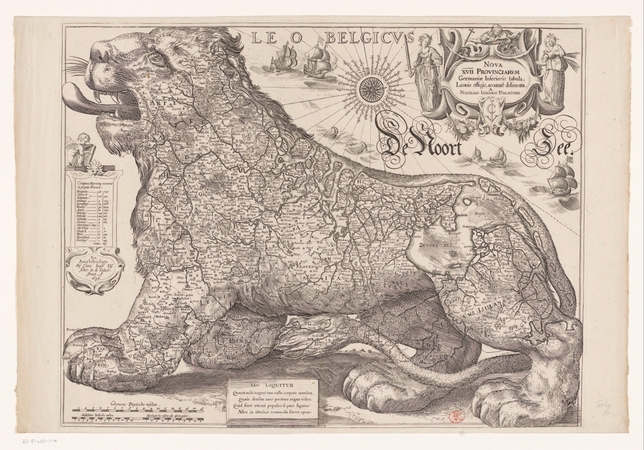 Olandų liūto formos 17-kos Nyderlandų provincijų žemėlapis. Autorius Hessel Gerritsz (1581–1632) ir Claes Jansz. Visscher (1587–1652). 1656 m. Nr. RP-P-AO-1-4, Amsterdamo valstybinis muziejus (ol. Rijksmuseum).