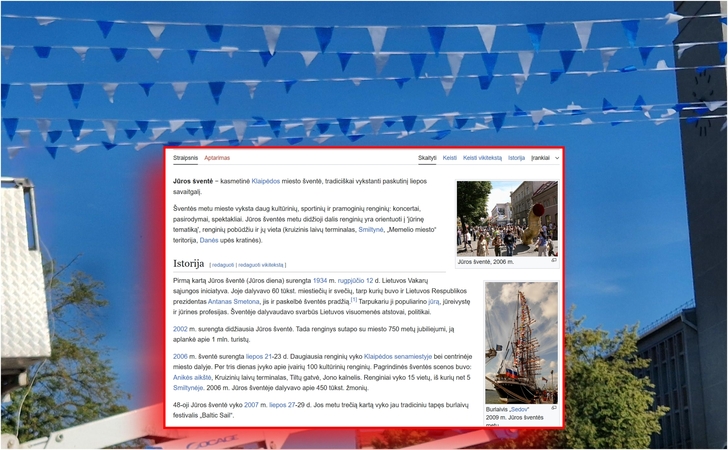 Antausis: interneto enciklopedijoje „Vikipedija“ Lietuvos Jūros šventę reprezentuojantis straipsnis iliustruotas nuotrauka su Rusijos burlaiviu „Sedov“ ir besiplaikstančia Rusijos vėliava pirmajame plane.