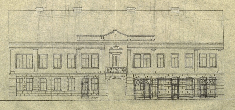 Lietuvos šaulių sąjungos rūmai Kaune, Laisvės al. 20. Fasadas. Vitrinų įrengimo eskizas arch. V. Dubeneckio.