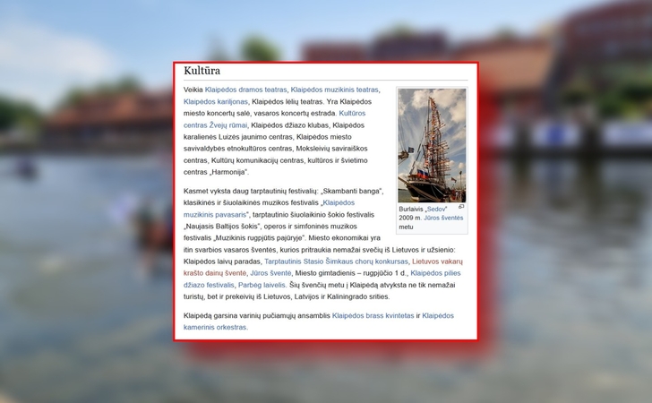 Akcentas: „Vikipedijoje“ Klaipėdos miesto kultūrą pristatantį straipsnį vos prieš kelias dienas „reprezentavo“ nuotrauka su rusišku burlaiviu „Sedov“.