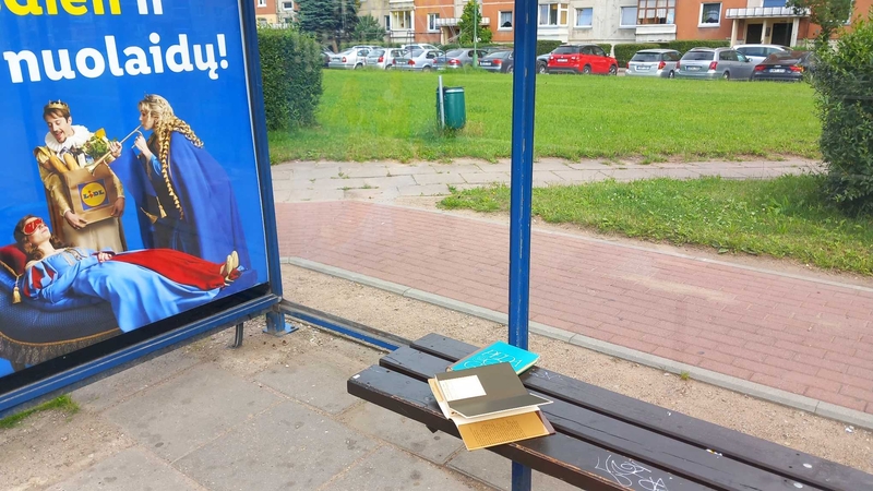 Apmaudas: vietoje, kur žmonės laukia autobusų, kažkas nusprendė išmėtyti puikios būklės knygas – keletas jų jau buvo šiukšliadėžėje.