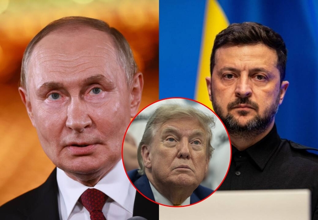 Iš kairės: Vladimiras Putinas, Donaldas Trumpas, Volodymyras Zelenskis 