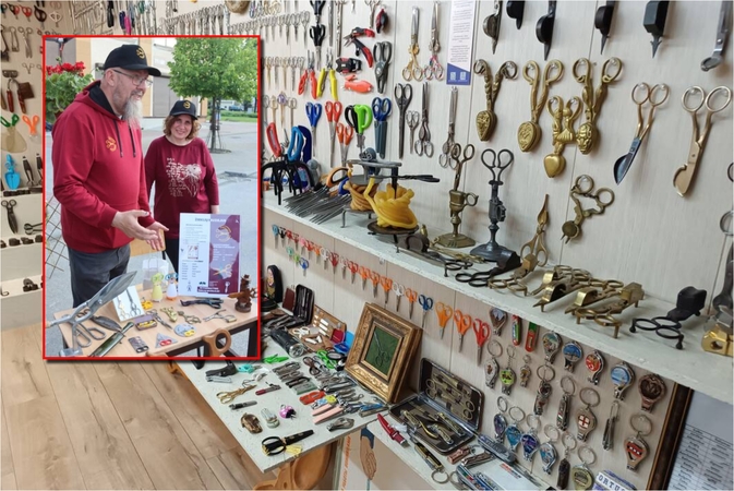 Hobis: K. Mėlinis su žmona Edita apie Žirklių muziejaus eksponatus gali daug papasakoti.