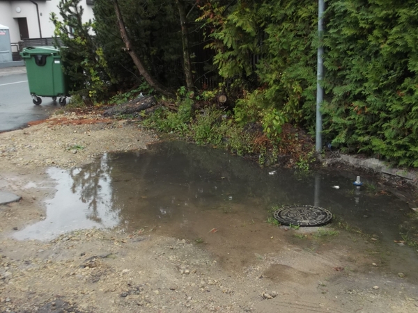 Nepatogu: per balas ir duobes neprivažiuoja šiukšlių išvežimo mašinos, todėl vietos gyventojams savo konteinerius tenka tempti toli.