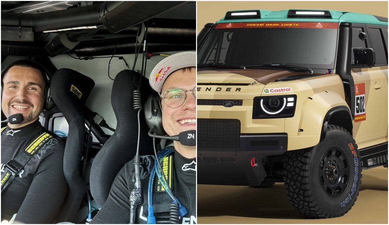 Bendražygiai: R. Baciuška (dešinėje) su O. Vidaliu kitąmet Dakaro ralį pradės 502 numeriu pažymėtu „Defender Dakar D7X-R“.