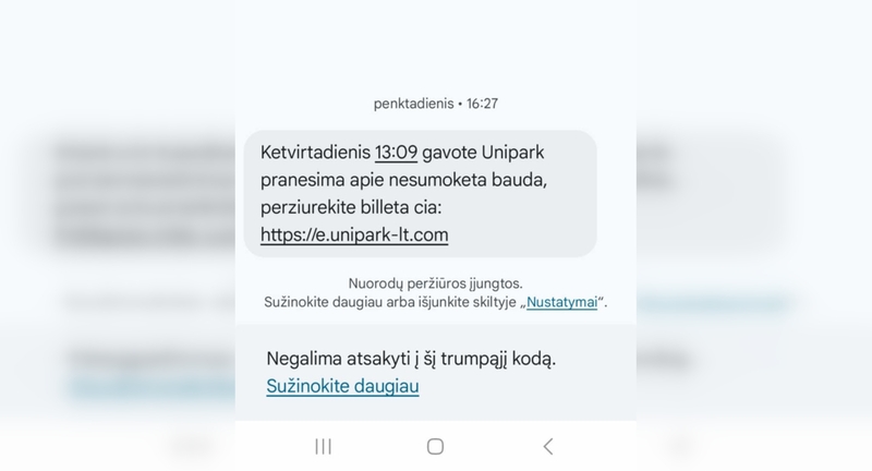Įrodymas: SMS žinutę moteris gavo penktadienį, o kad negautų daugiau panašių žinučių iš nežinomo siuntėjo, iškart ją užblokavo.