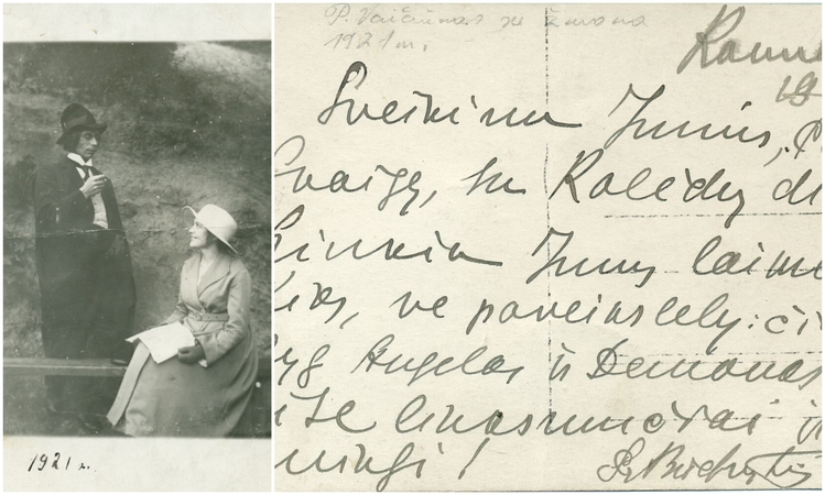 Atvirlaiškis. Nuotrauka „Petras Vaičiūnas su žmona Teofilija Vytauto kalne“. 1921 m.