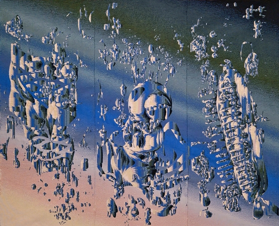 N. ir G. Urbonai. „Pelkių observatorija. Ateities pelkės ekomonstrai“. 2025. Skaitmeninis žakardinis audimas. 114 x 142 cm. Vaizdo parengimas: Indrė Umbrasaitė. 