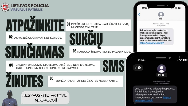 Iš policijos – įspėjimas gyventojams: gavote tokias žinutes? Nespauskite aktyvių nuorodų!