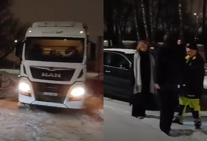 Mokyklos kieme įstrigęs sunkvežimis kelioms valandoms užblokavo kelią