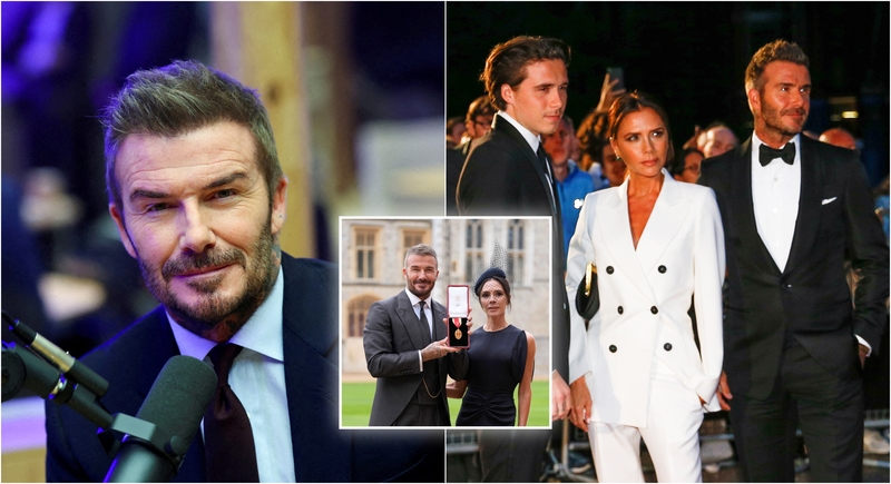 Davidas Beckhamas su žmona Victoria Beckham ir sūnumi Brooklynu Beckhamu.