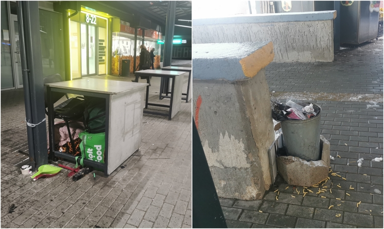 Netvarka: po prekybos stalais Vingio pasaže – dėžės, maišai ir net maisto kurjerio krepšys.