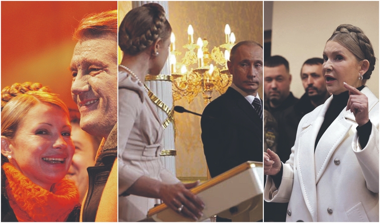 Evoliucija: J. Tymošenko – Oranžinės revoliucijos veidas (nuotraukoje kairėje – su V. Juščenka), Rusijos šantažo auka, kovos su korupcija antiherojė (nuotraukoje – politikė vakar vykusiame teismo posėdyje).