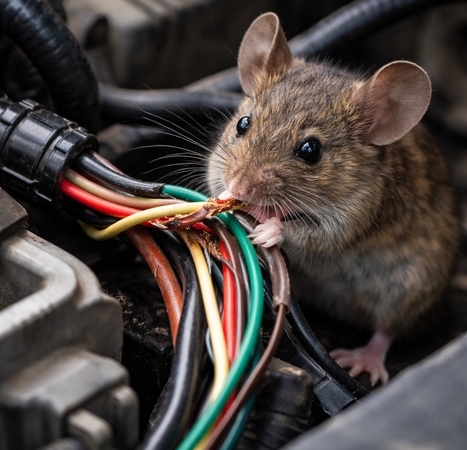 Užkandis: graužikai po variklio dangčiu ne tik slepiasi, bet ir susisuka gūžtas, graužia laidus.