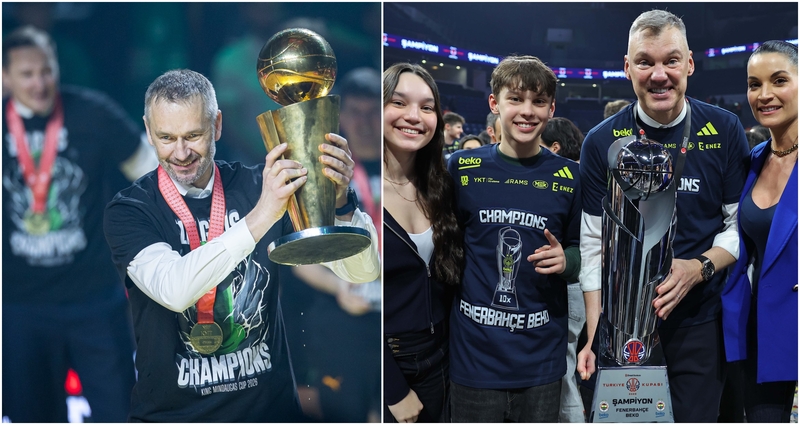 Kolegos: T. Masiulis (kairėje) iškovojo pirmą trofėjų per savo, kaip vyriausiojo trenerio, karjerą, o Š. Jasikevičius su „Fenerbahce“ laimėjo jau trečią Turkijos taurės finalą (greta stratego – dukra Aila, sūnus Lukas ir žmona Anna).