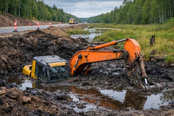 Prapuolė: beveik naujas ekskavatorius prie rekonstruojamo kelio nugrimzdo į 12 m gylį.
