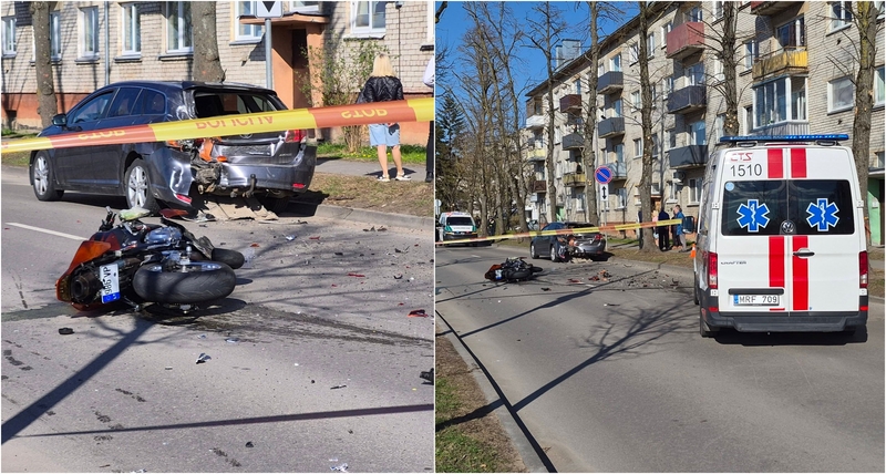 Kraupi avarija Kaune: po susidūrimo motociklininkas skubiai išvežtas į ligoninę