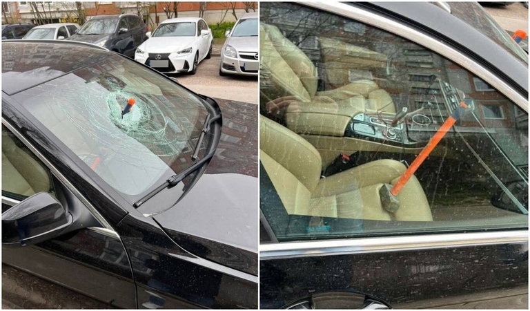 Suniokojo: Lūžų gatvėje stovėjęs BMW rastas išdaužtu priekiniu stiklu, o automobilio salone paliktas kūjis.