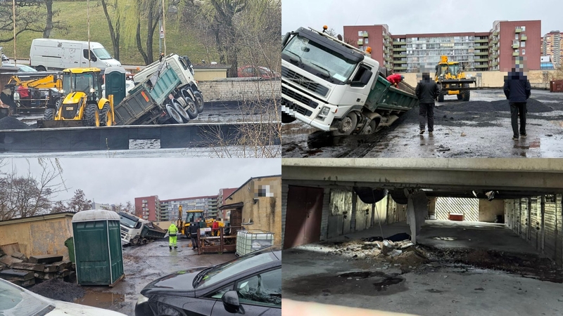 Ant garažų stogo Vilniuje įlūžo sunkvežimis