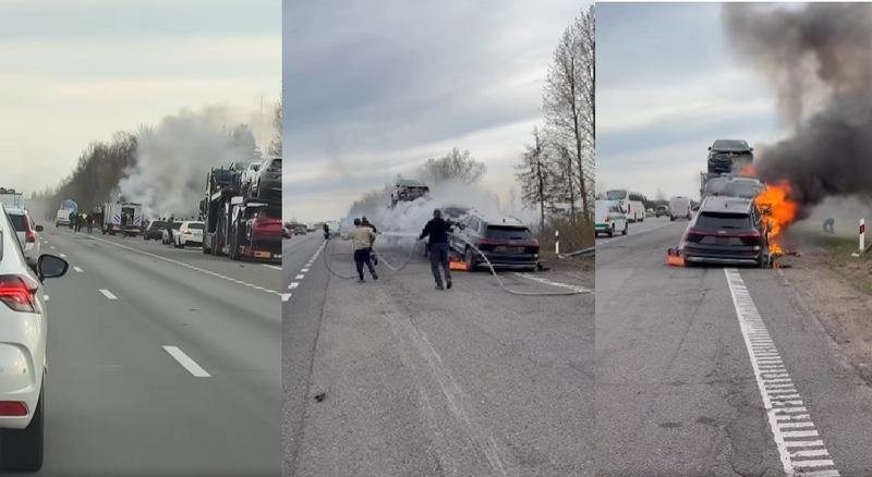Autostradoje Klaipėda – Kaunas ties Babtais užsiliepsnojo automobilvežio vežamas automobilis