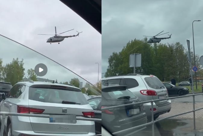 Kauniečiai fiksuoja karinio sraigtasparnio nusileidimą Šilainiuose
