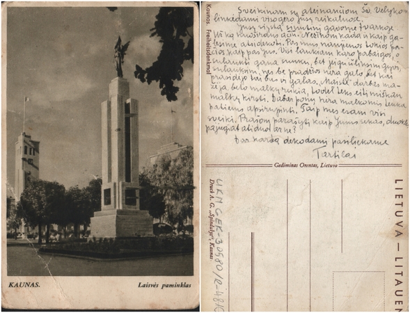 Atvirlaiškis „Kaunas. Laisvės paminklas“. Išleido „Spindulio“ spaustuvė Kaune.