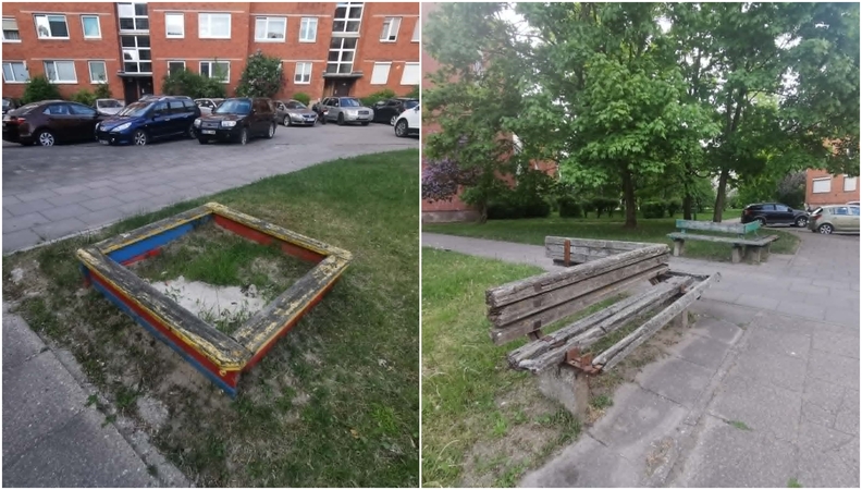 Problema: Alksnynės gatvės gyventojai skundžiasi prasta vaikų žaidimų erdvių ir suolų būkle.