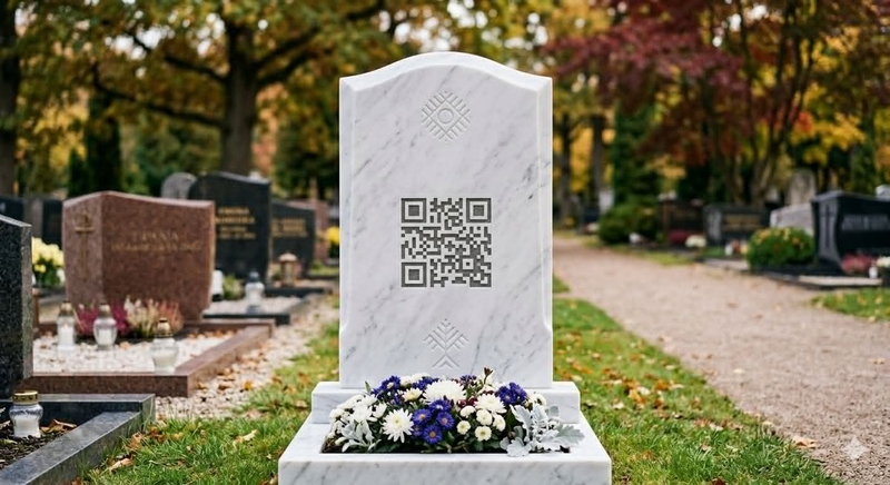 Inovacija: ant paminklo esantis QR kodas leidžia pasiekti informaciją apie mirusiojo gyvenimą, o artimiesiems suteikia galimybę prisiminti žmogų net ir negalint dažnai aplankyti kapavietės.
