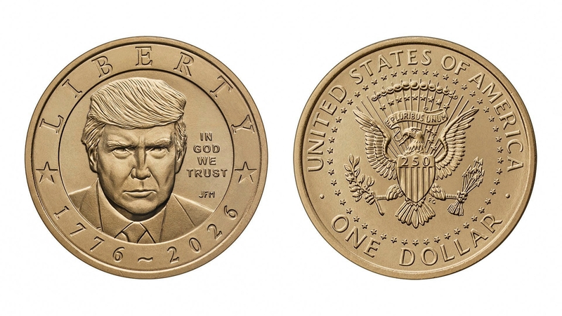 JAV iždo sekretorius pristatė aukso monetą su Trumpo atvaizdu